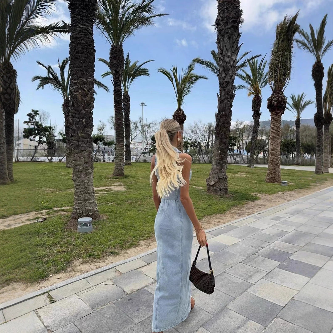 Damen Denim Maxikleid mit Knopfleiste und hohem Kragen R&B