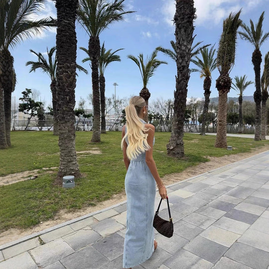 Damen Denim Maxikleid mit Knopfleiste und hohem Kragen R&B