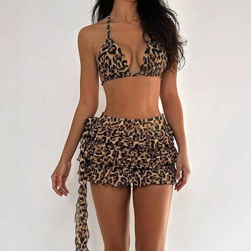 Damen Triangel-Bikini mit sexy Leo-Muster und Rüschenrock R&B
