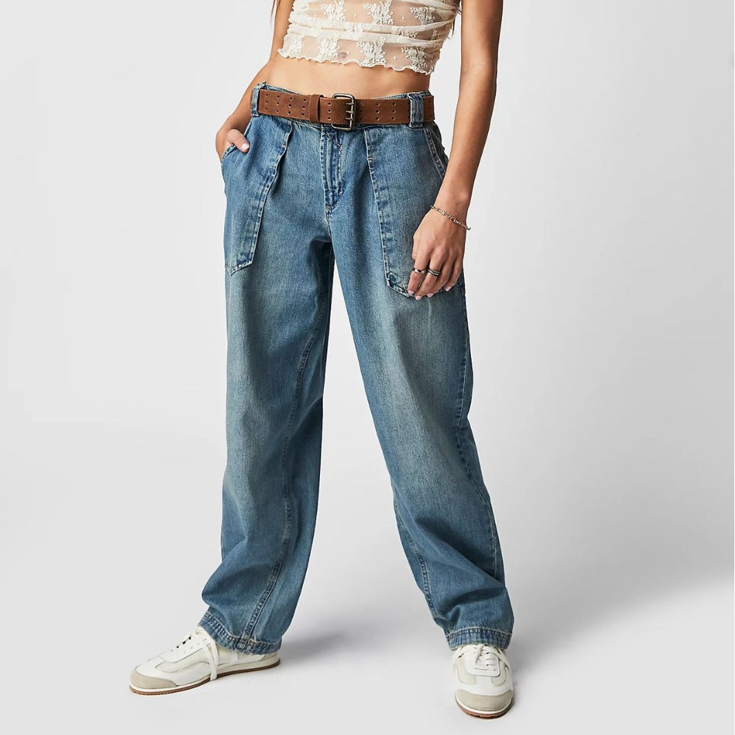 Damen Weite Jeans mit Gürtel und praktischen Taschen