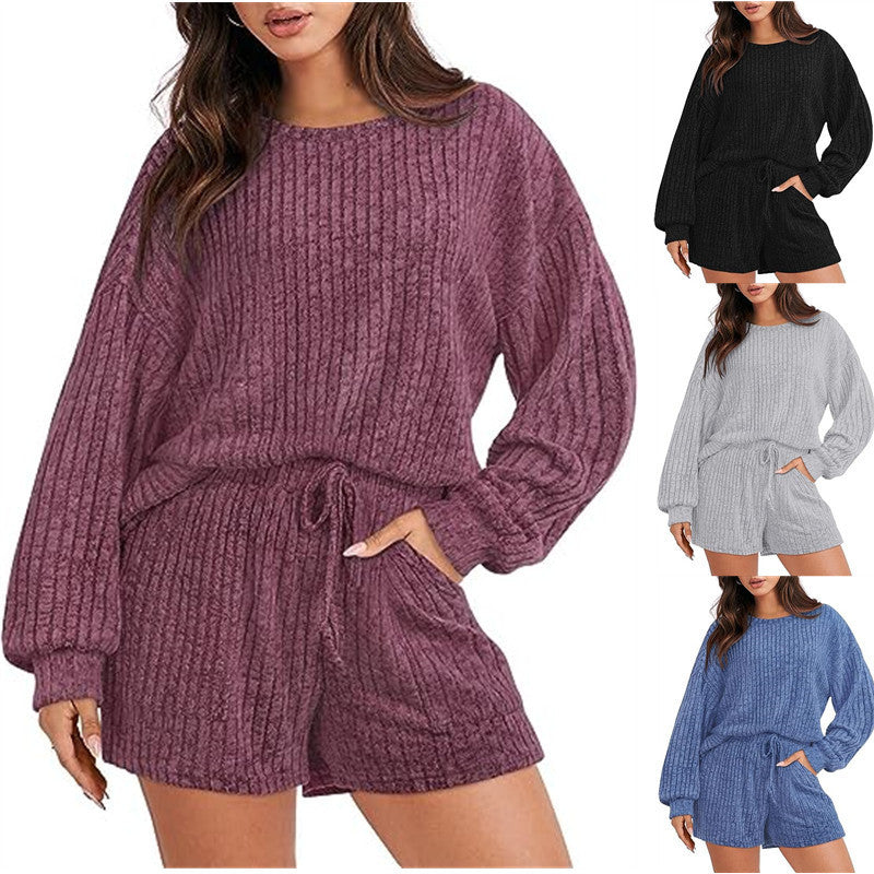 Damen lässiges Kombi-Set aus Streifenpullover und Shorts R&B