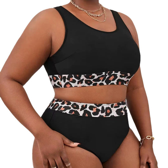 Damen Sportlicher Hochschnitt-Bikini mit Leopardenmuster R&B