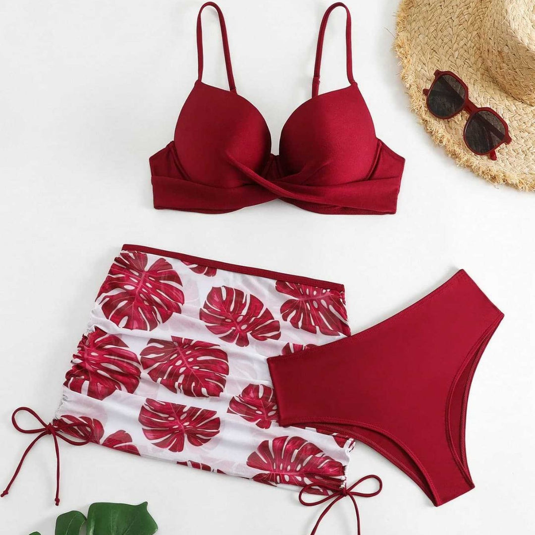 Damen Bikini-Set mit elegantem Knotendesign und floralem Rock R&B