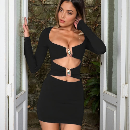 Damen figurbetontes Minikleid mit stilvollen Cut-Outs und eleganten Dekorelementen R&B