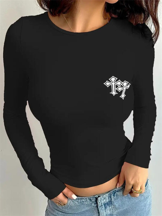 Damen figurbetontes Langarmtop mit stylischem Logo R&B