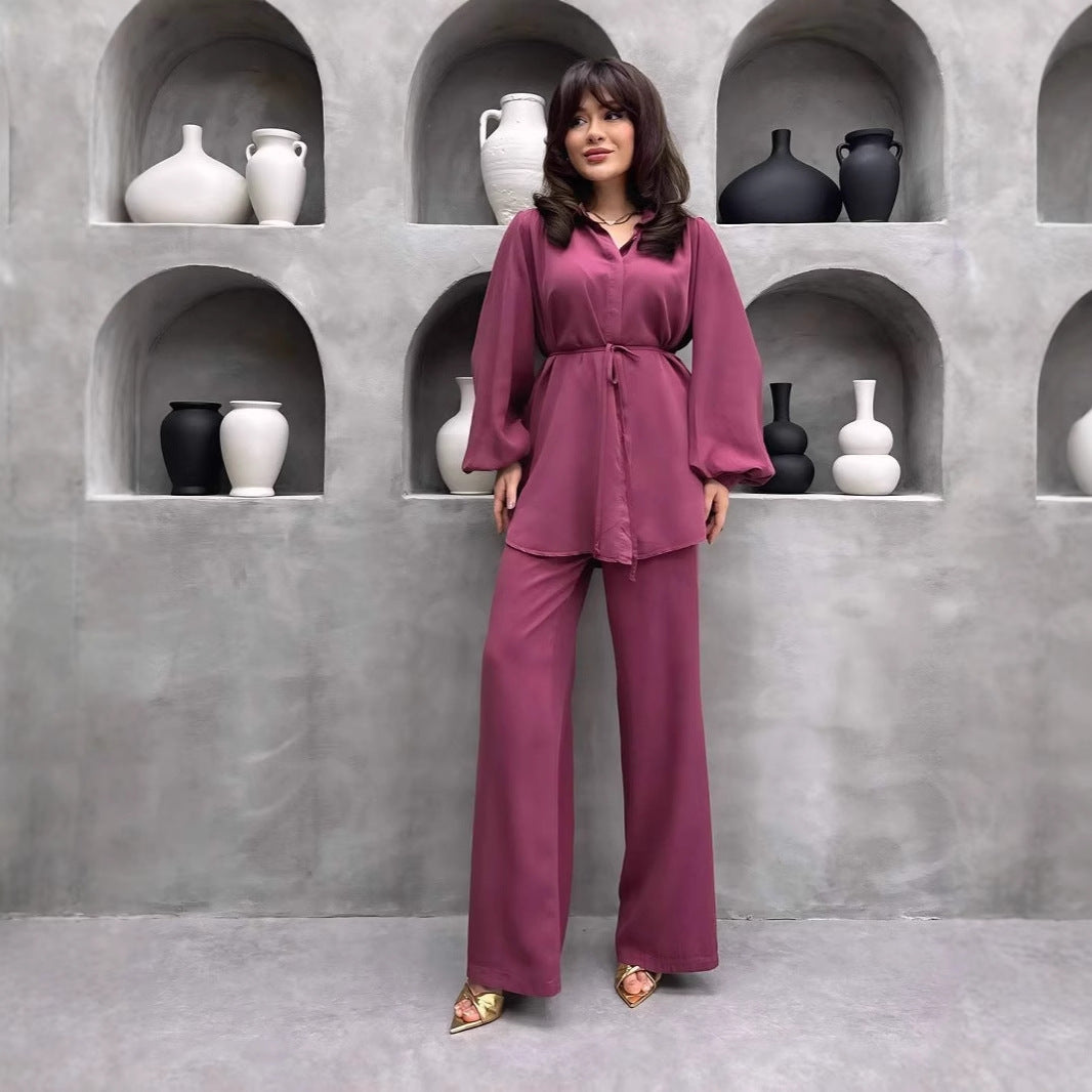 Damen elegantes Set mit langer Bluse und weitem Hosen R&B