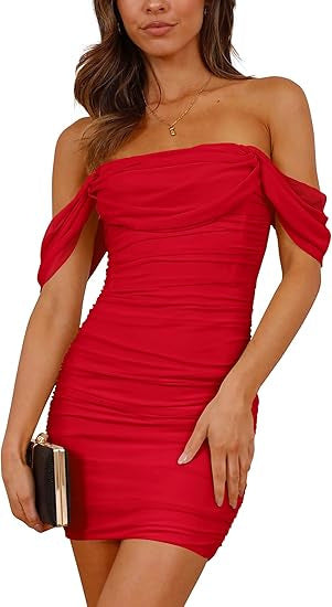 Damen figurbetontes Wickelkleid mit schulterfreiem Design R&B