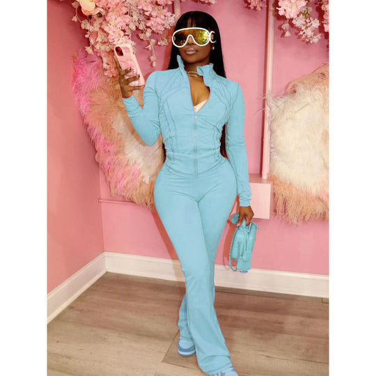 Damen figurbetonender Jumpsuit mit Hochkragen und durchgehendem Reißverschluss R&B