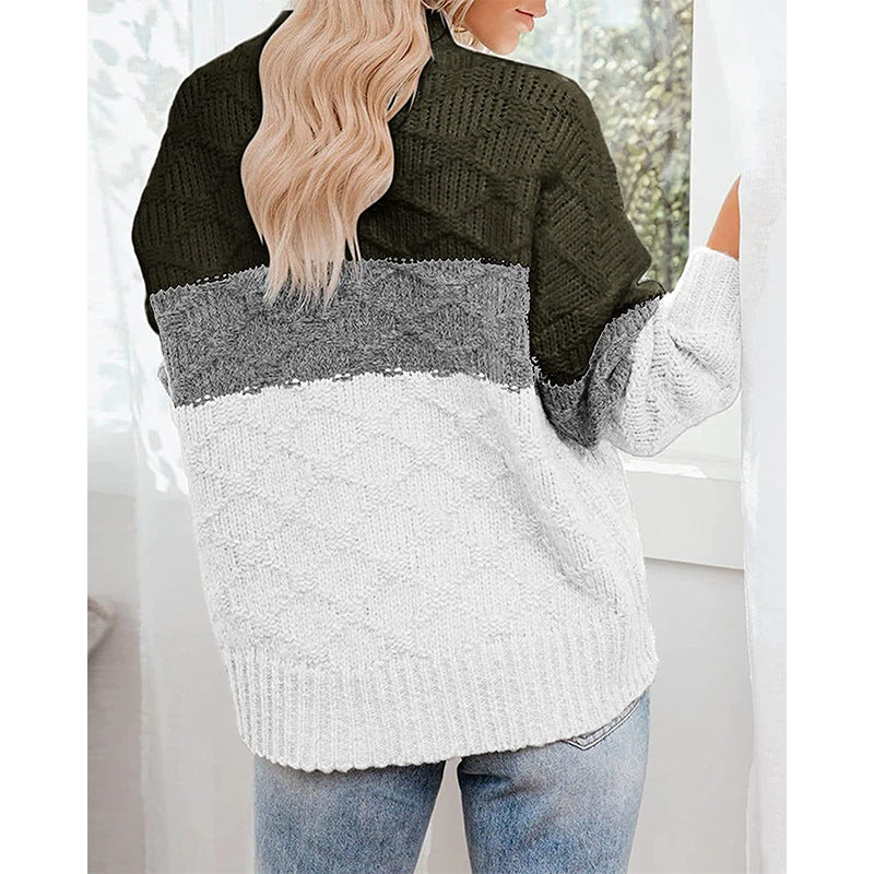 Damen farbenfroher Strickpullover mit strukturiertem Muster und hohem Kragen R&B