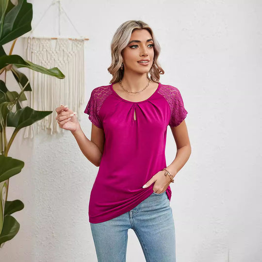 Damen Kurzarm-Bluse mit Spitzenärmeln R&B