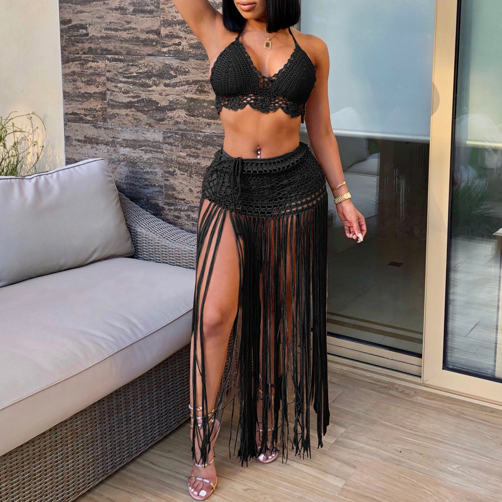 Damen gehäkeltes Strand-Outfit mit fransigen Details R&B