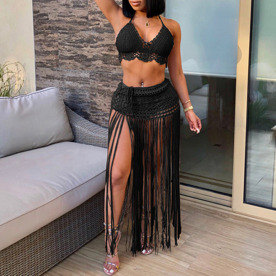 Damen gehäkeltes Strand-Outfit mit fransigen Details R&B