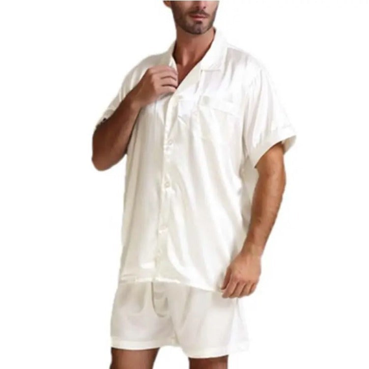Unisex nan seidig-glänzendes Kurzarm-Pyjama-Set mit Hemdkragen und elastischem Bund R&B