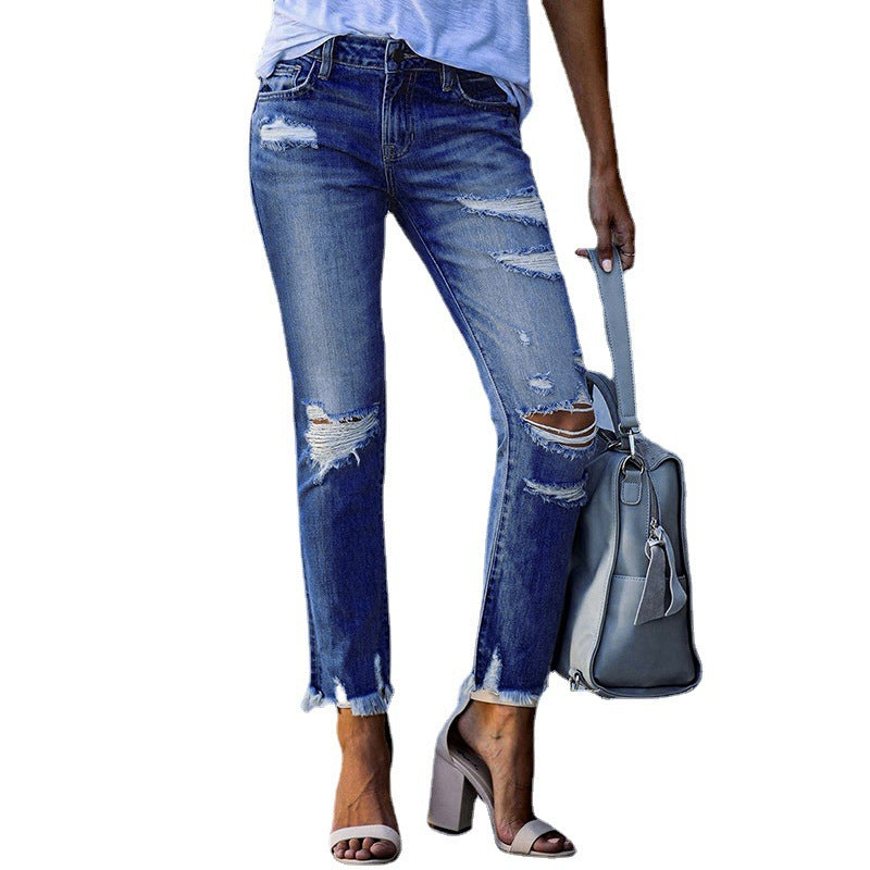 Damen destroyed Jeans mit fransigen Säumen und modischen Rissen R&B