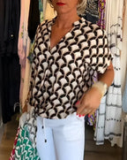 Damen nan kurzärmeliges geometrisches Blusenshirt mit Knotenbund und Stehkragen R&B