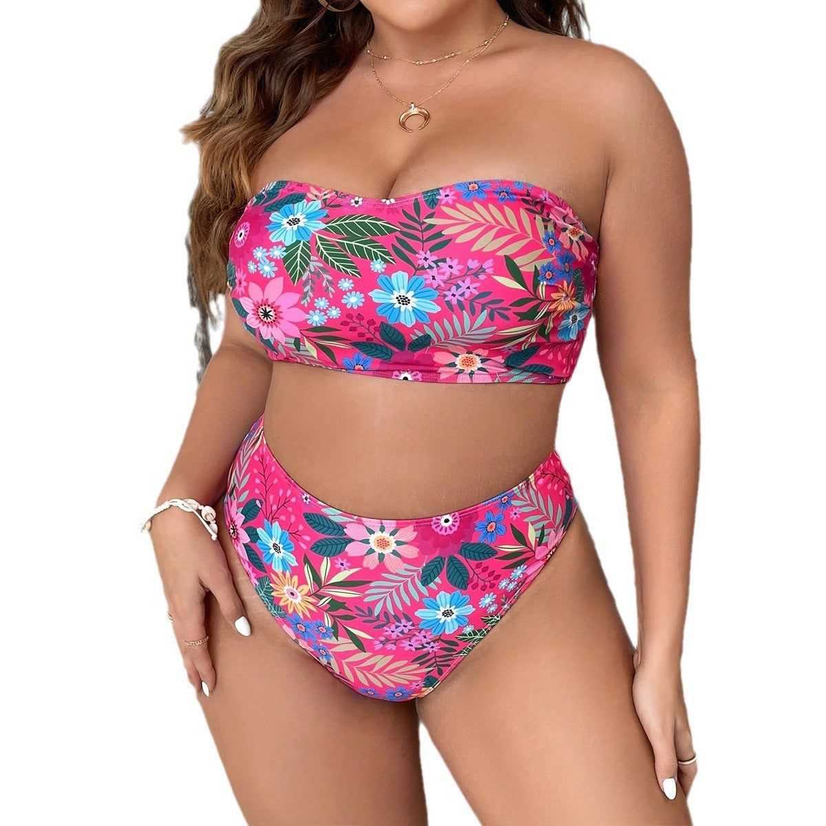 Damen Bandeau-Bikini mit floralem Design und hohem Bundeschnitt R&B
