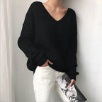 Damen lässiger Strickpullover mit V-Ausschnitt und weit geschnittenen Ärmeln R&B