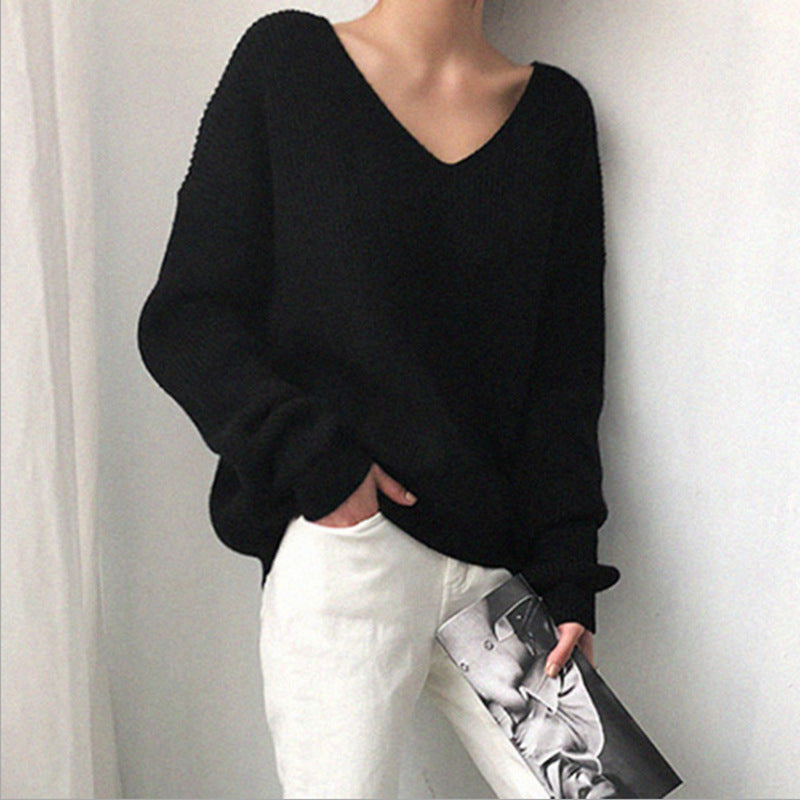 Damen lässiger Strickpullover mit V-Ausschnitt und weit geschnittenen Ärmeln R&B
