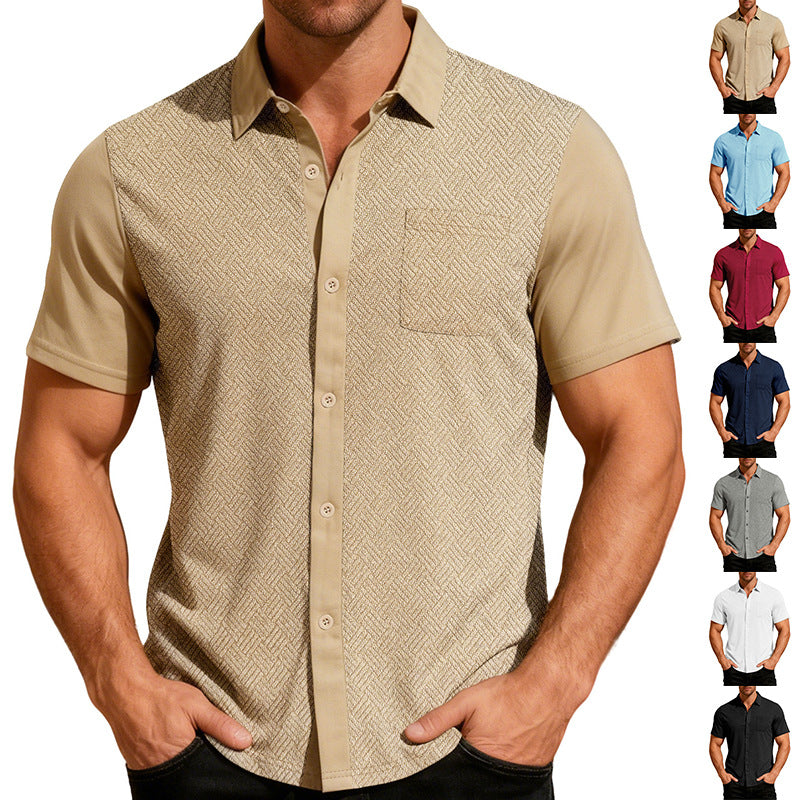 Herren nan legeres Kurzarmhemd mit Jacquardstruktur, kontrastierter Knopfleiste und Brusttasche R&B