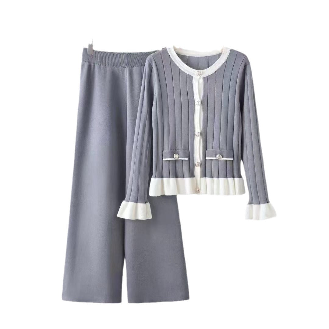 Damen elegantes Strick-Loungewear-Set mit aufgesetzten Taschen und Rüschen R&B