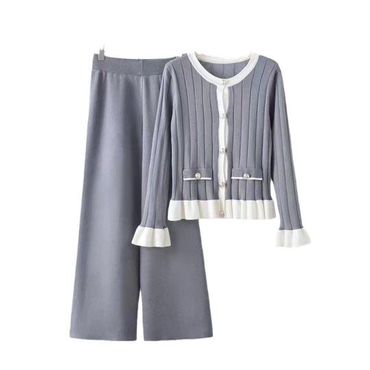 Damen elegantes Strick-Loungewear-Set mit aufgesetzten Taschen und Rüschen R&B