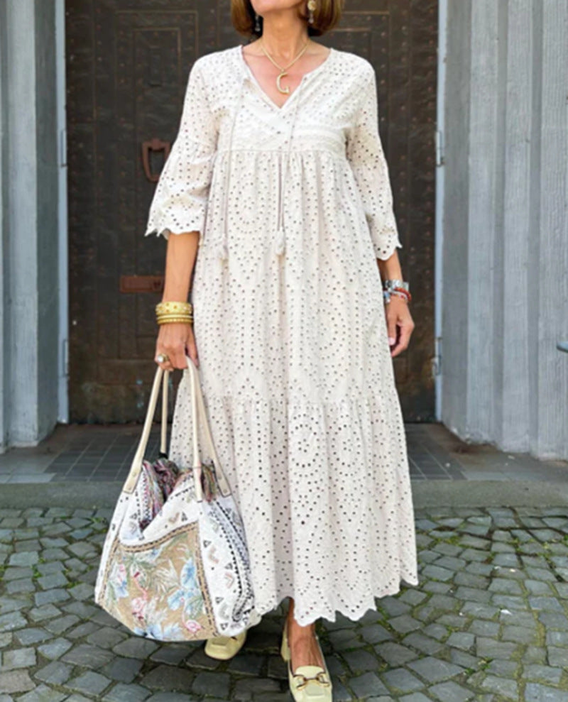 Damen Maxikleid mit femininen Rüschendetails und luftiger Baumwollstruktur Heidi-Mode