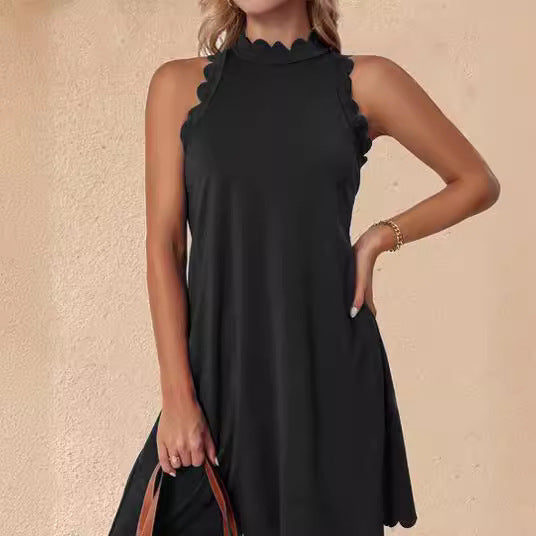 Damen ärmelloses Kleid mit Scalloped-Ausschnitt und fließendem Schnitt R&B