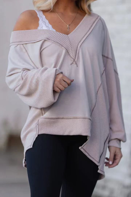 Damen Lässiger Pullover mit halbarm und V-Ausschnitt R&B