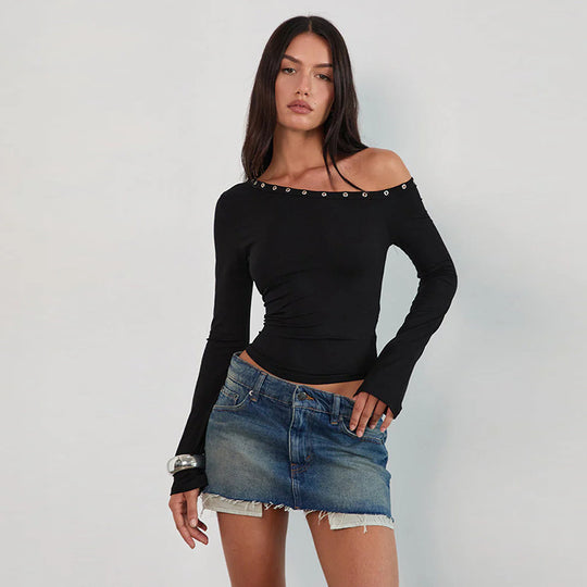 Damen Off-Shoulder Oberteil mit modischen Knöpfen und figurbetontem Schnitt R&B