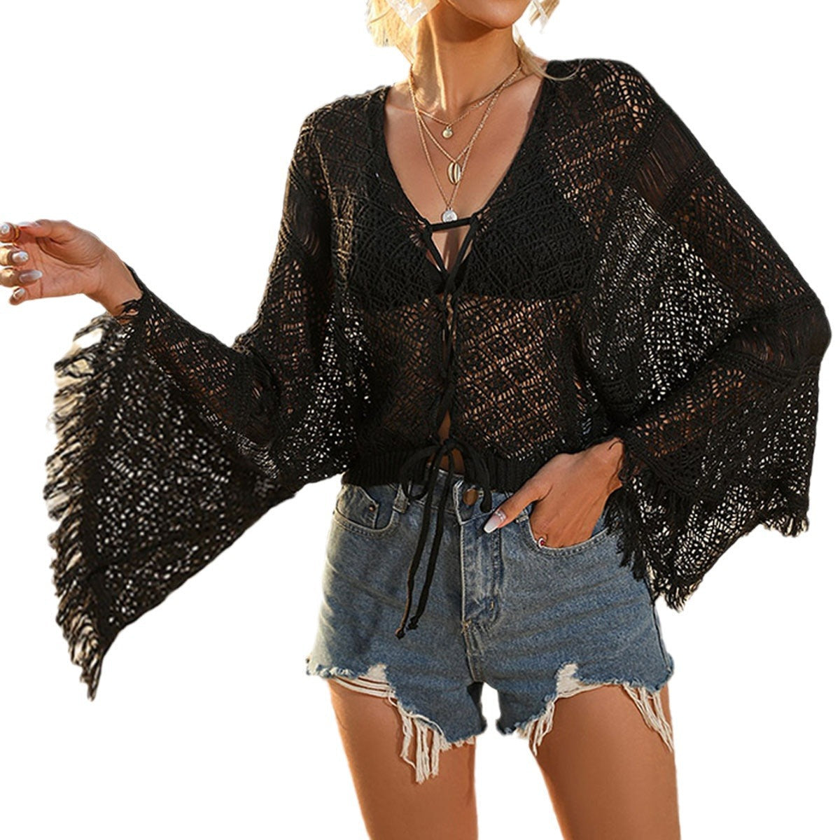 Damen gehäkelter Strandkimono mit eleganter Fransenverzierung R&B