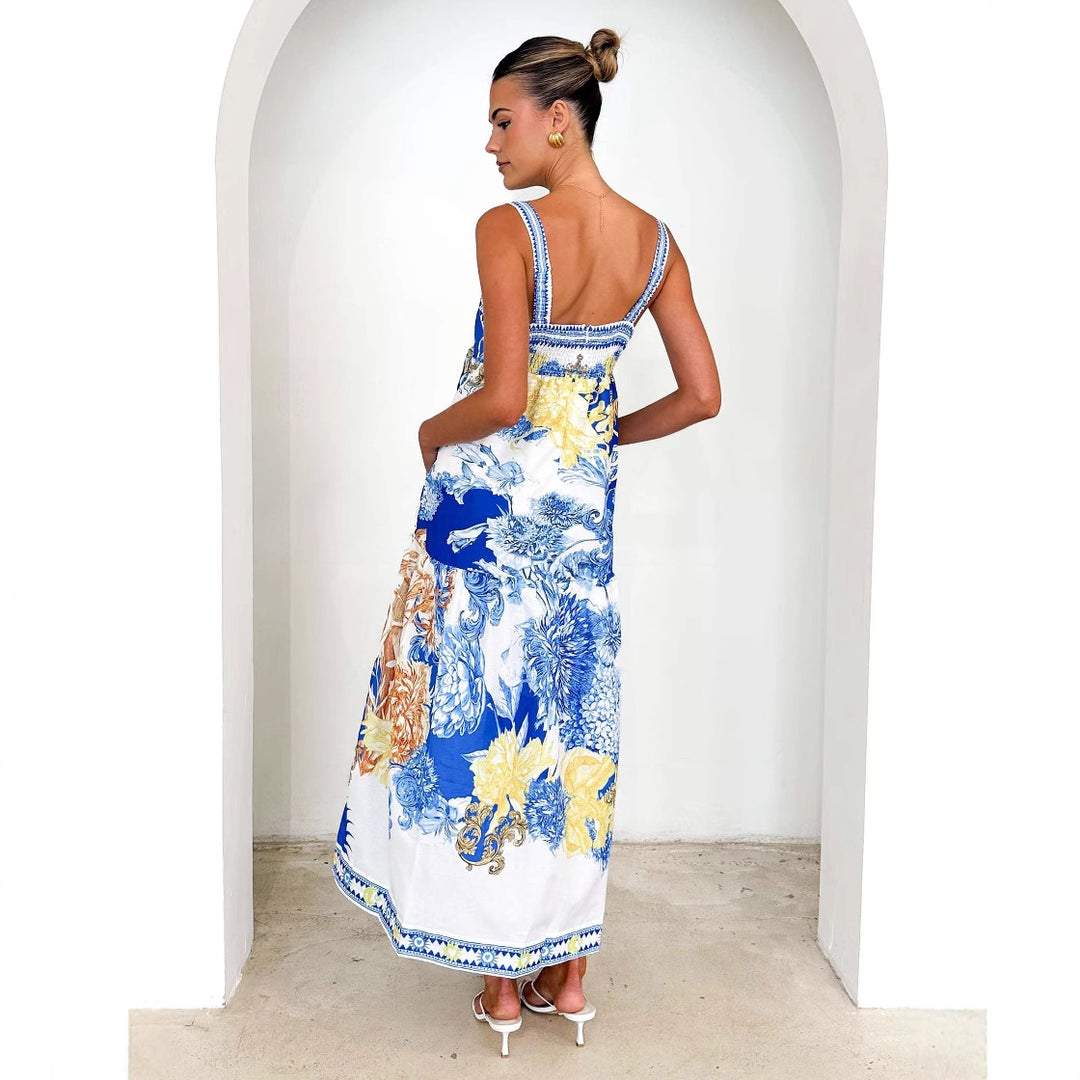 Damen Maxi-Strandkleid im floralen Design mit verstellbaren Spaghettiträgern R&B