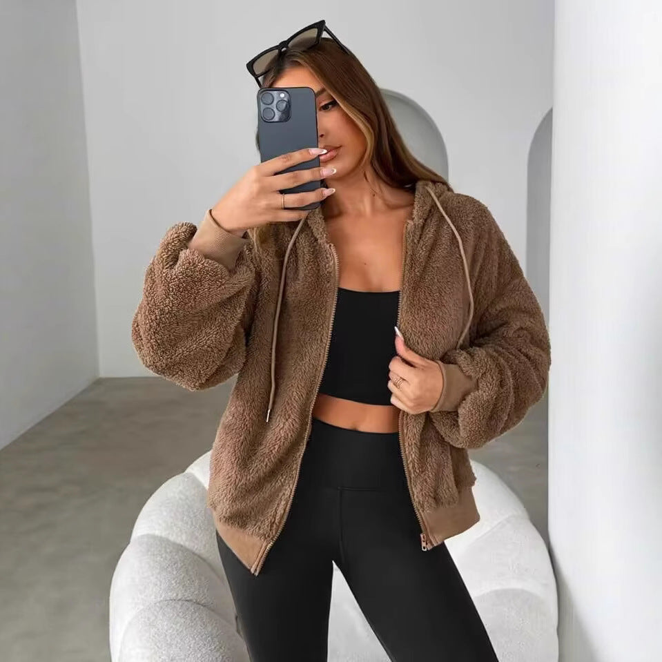 Damen Teddy-Fleecejacke mit Kapuze und elastischen Bündchen R&B