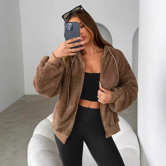 Damen Teddy-Fleecejacke mit Kapuze und elastischen Bündchen R&B