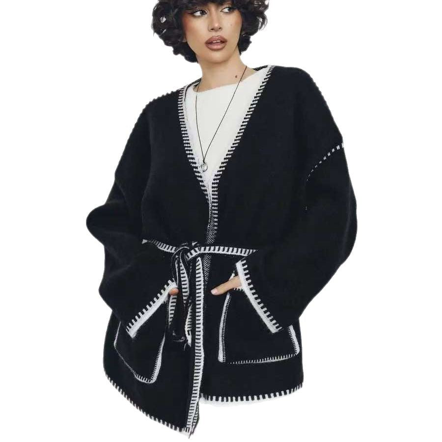 Damen Komfortabler Strick-Cardigan mit praktischen Taschen und Taillengürtel R&B