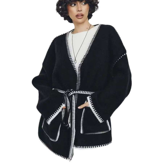 Damen Komfortabler Strick-Cardigan mit praktischen Taschen und Taillengürtel R&B