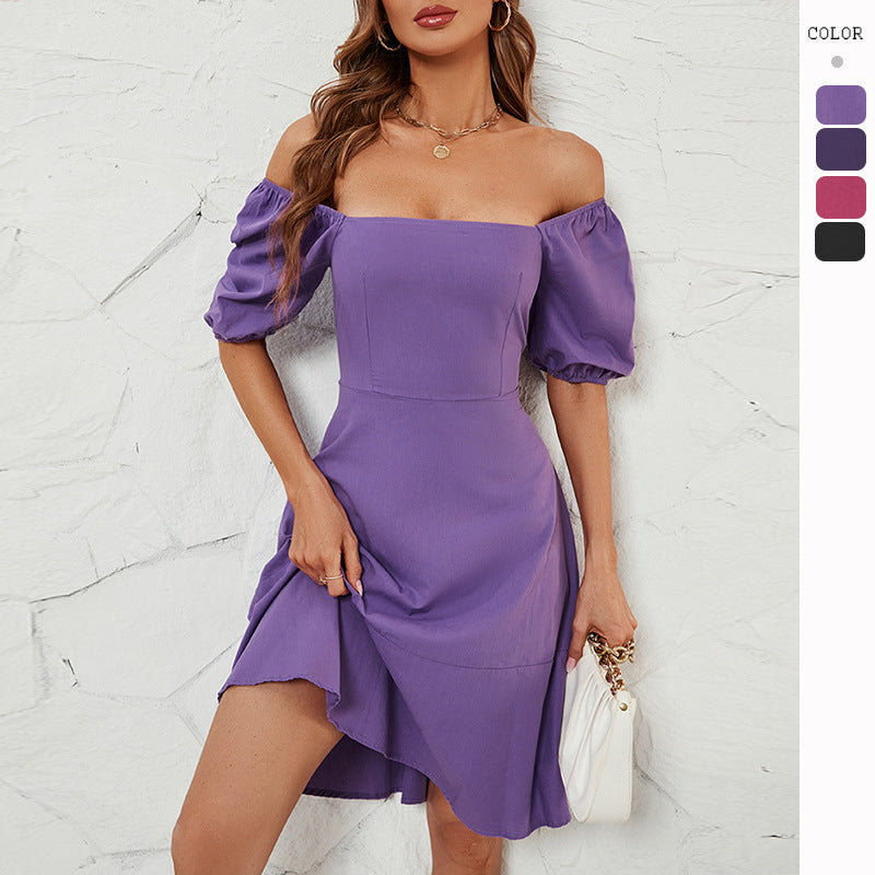 Damen Elegantes Off-Shoulder Kleid mit voluminösen Puffärmeln und asymmetrischem Schnitt R&B
