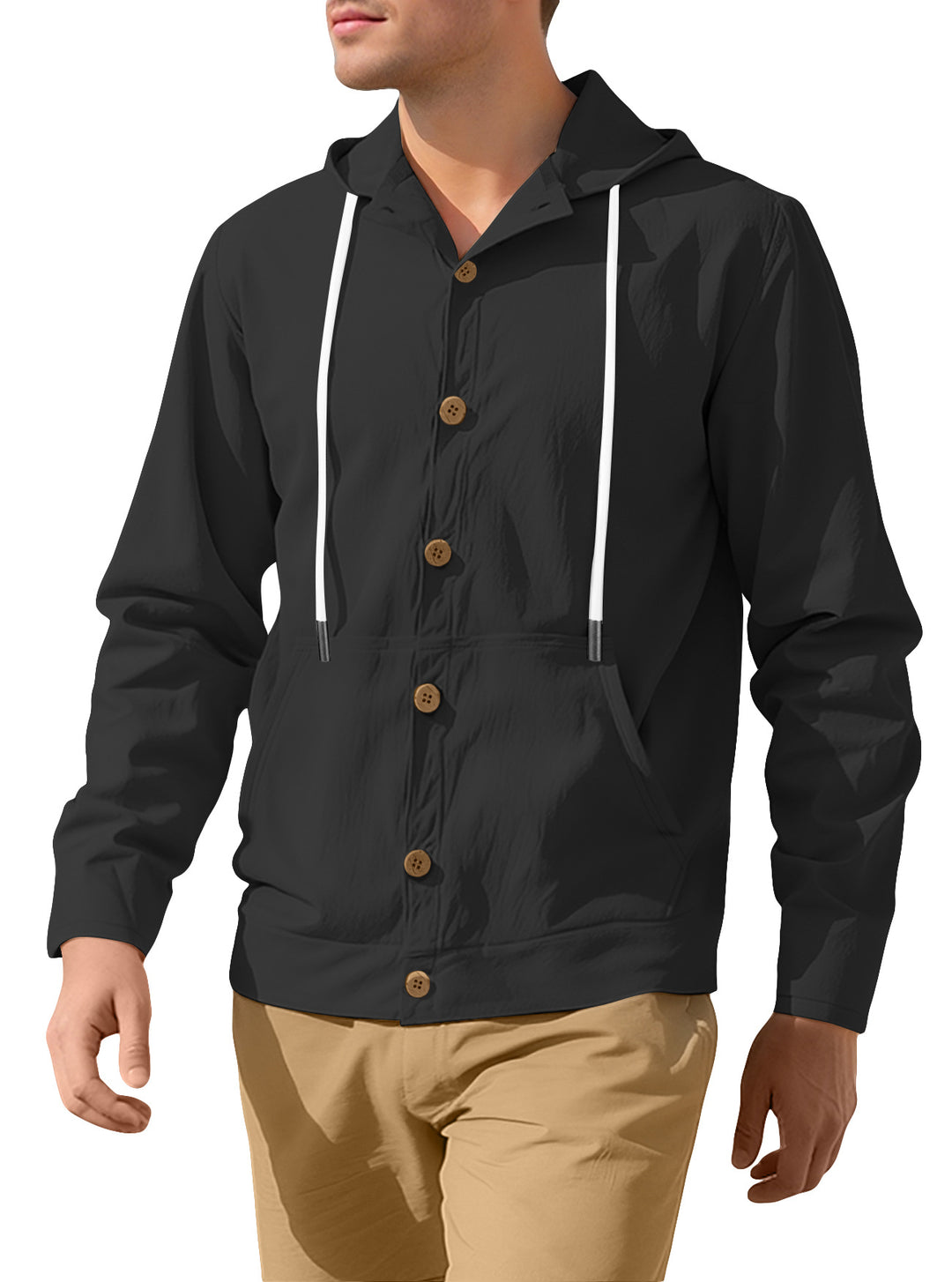 Herren nan leichte Kapuzenjacke mit Knopfleiste, Kängurutasche und Tunnelzug R&B