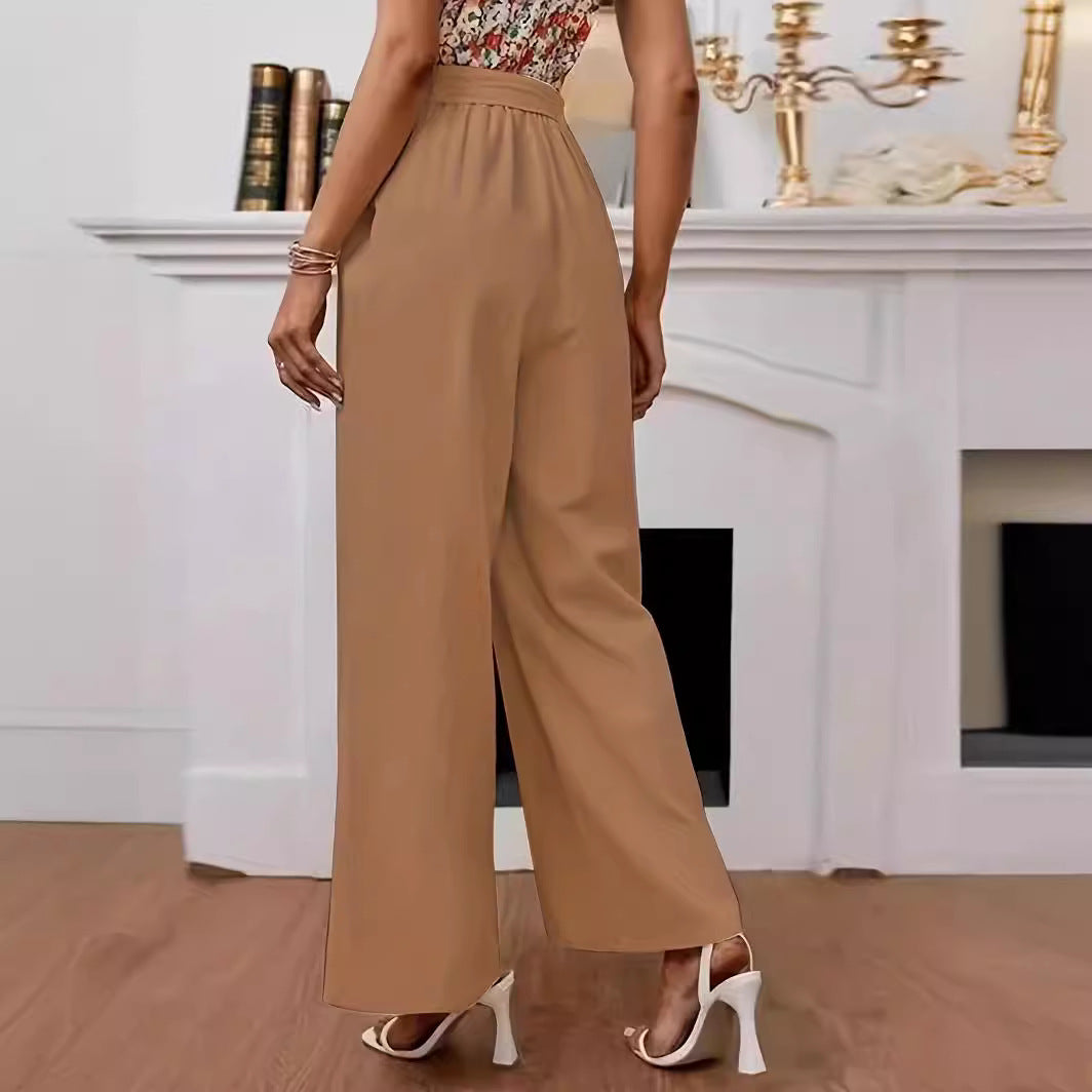 Damen weite Hochbundhose mit Bindegürtel und Knopfdetail R&B