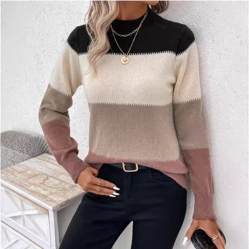 Damen modischer Strickpullover mit trendigem Blockstreifen und steigendem Kragen R&B