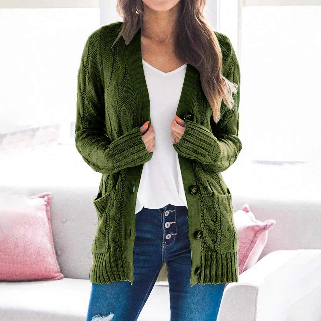 Damen Strickjacke mit strukturiertem Zopfdesign und praktischen Taschen R&B