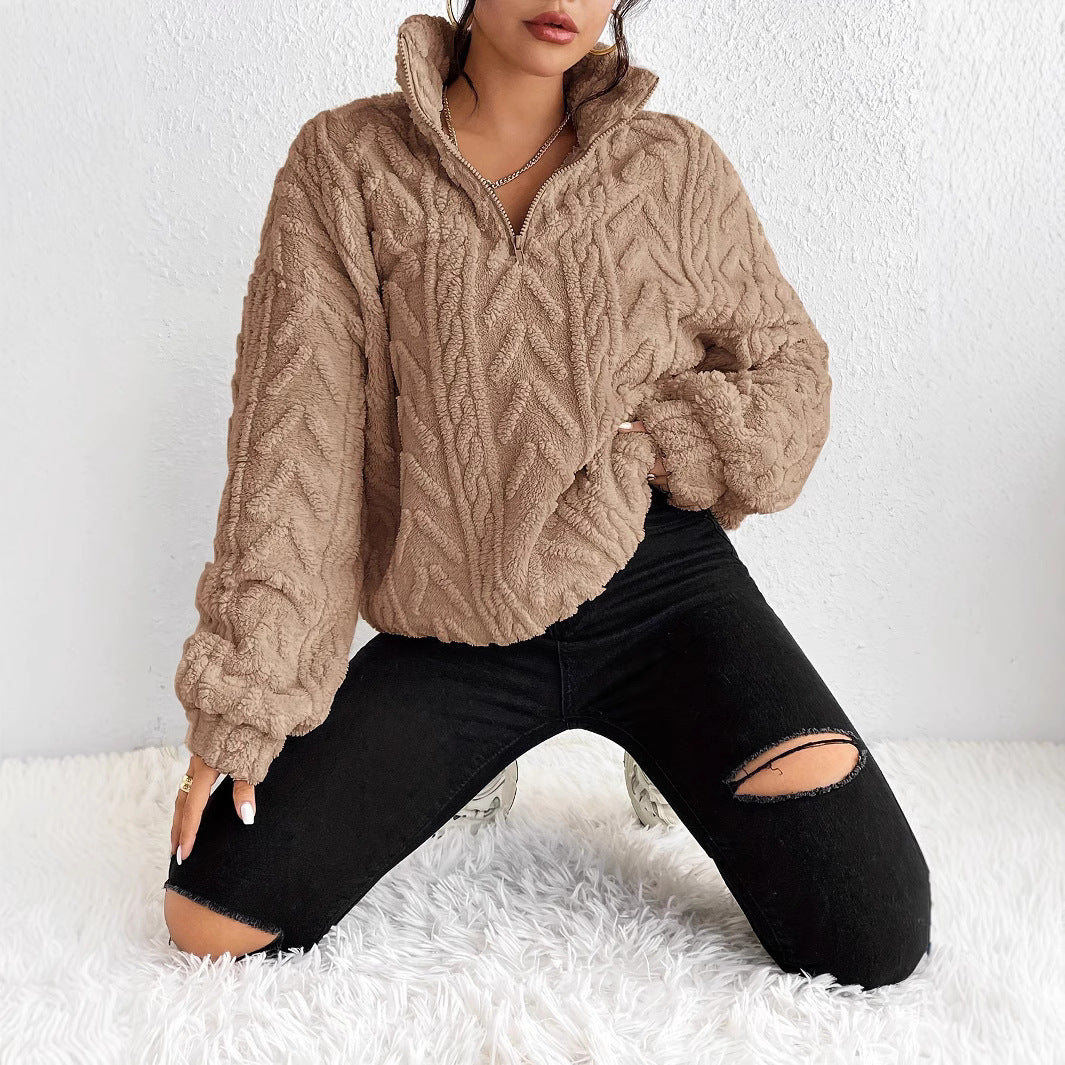 Damen Gemusterter Oversized-Fleece-Pullover mit hohem Kragen R&B