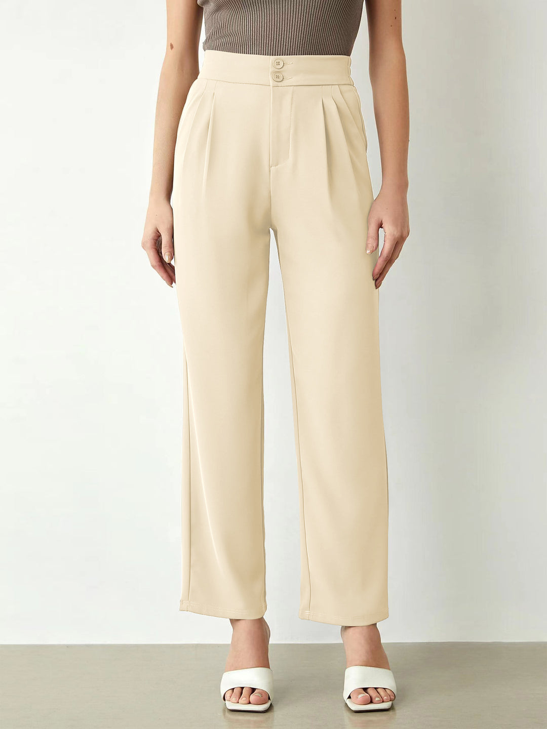 Damen elegante weite Stoffhose mit Bundfalten und hohem Taillenbündchen R&B