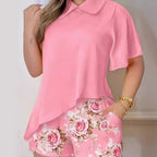 Damen Modisches Kurzarm Top mit romantischem Kragen und Blumenmuster Shorts R&B