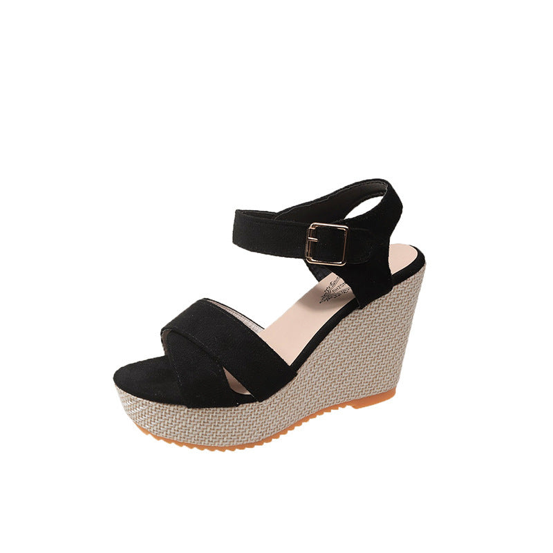 Damen nan Espadrille-Keilabsatz-Sandalette mit gekreuzten Veloursriemen und verstellbarer Schnallenlasche R&B