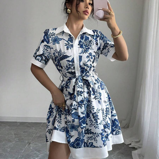 Damen Hemdblusenkleid mit floralem Muster und Taillengürtel R&B