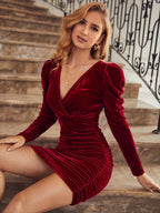 Damen Wickelkleid mit voluminösen Puffärmeln und elastischer Silhouette R&B
