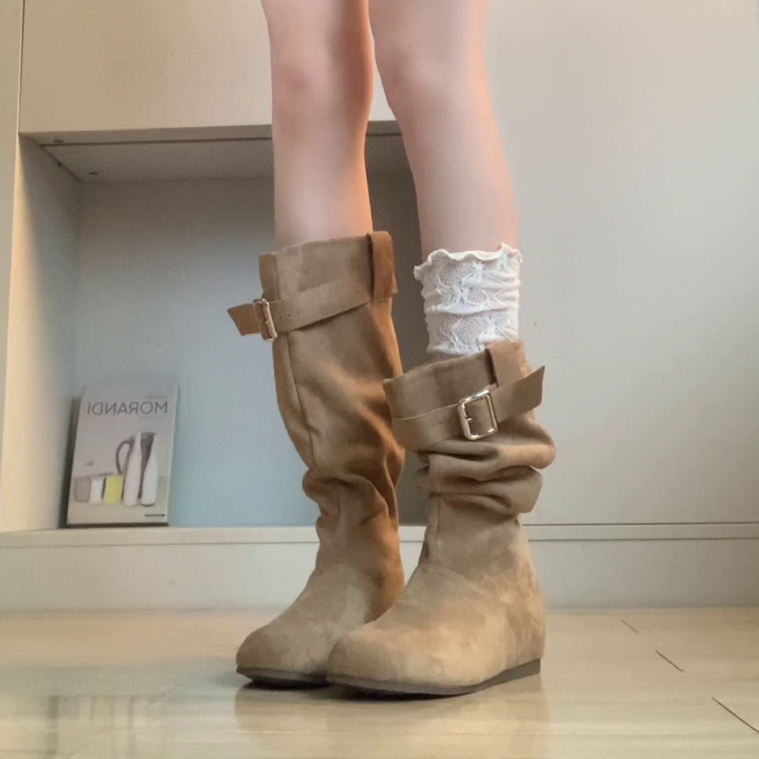 Damen Elegante und lässige Winterstiefel mit modischem Falten-Design und praktischer Schnalle R&B