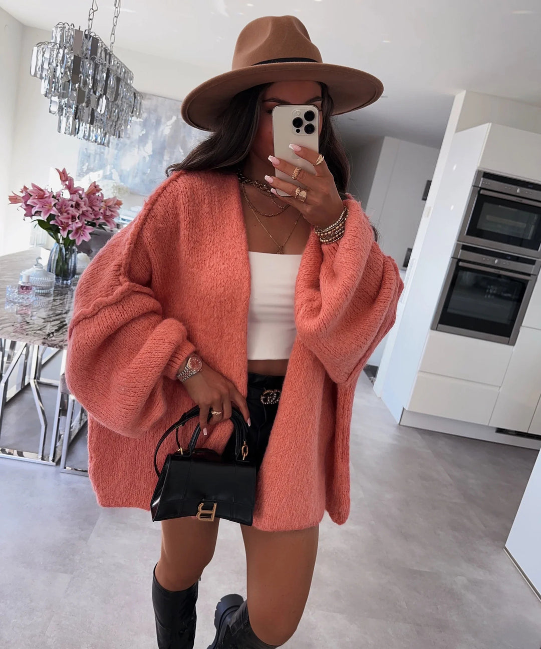 Damen oversized Strickjacke mit lässigen Ballonärmeln und strukturiertem Material R&B