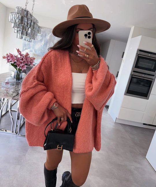 Damen oversized Strickjacke mit lässigen Ballonärmeln und strukturiertem Material R&B