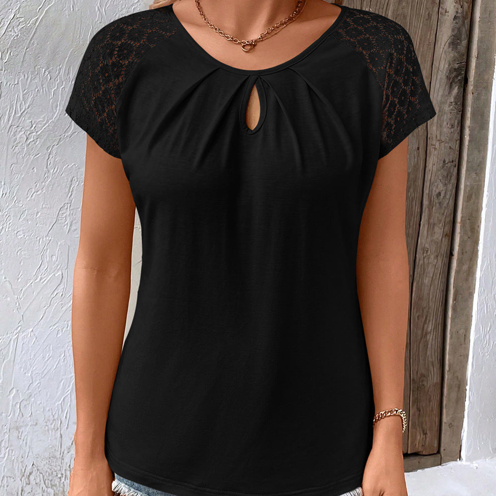 Damen elegantes Oberteil mit Spitzenbesatz und Schlüsselaugen-Ausschnitt R&B